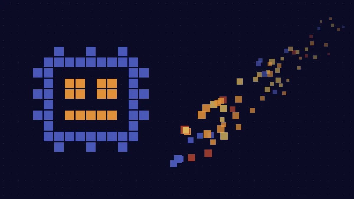 Illustration en pixel art : des blocs de pixels qui glissent sur un tapis roulant vers un engrenage, sous le regard d'une silhouette humaine qui valide