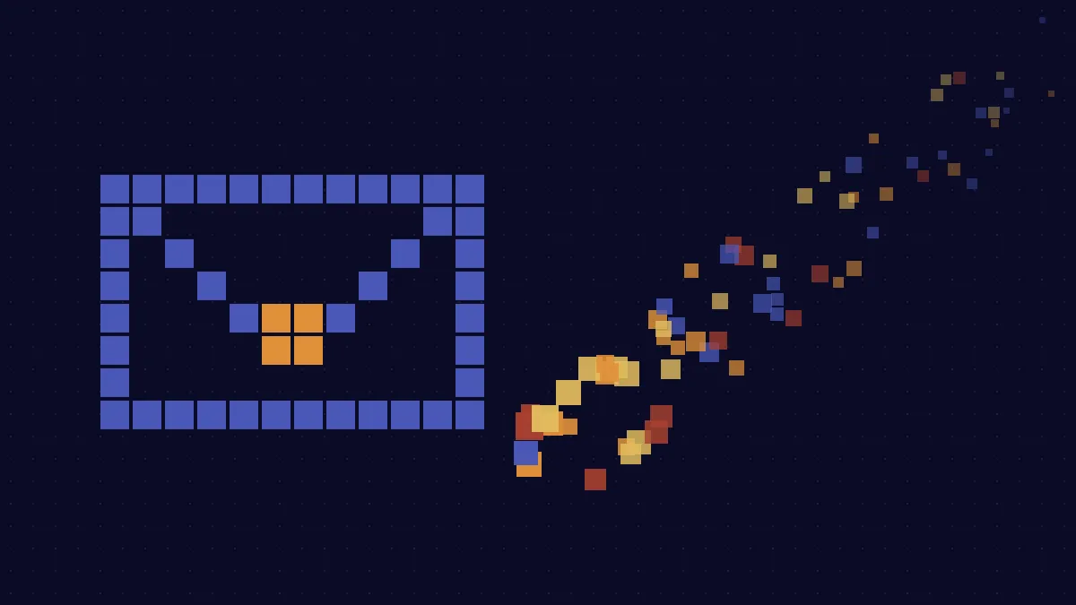 Illustration en pixel art : cinq enveloppes en pixels reliées par un chemin lumineux qui mène d'un formulaire à une poignée de main