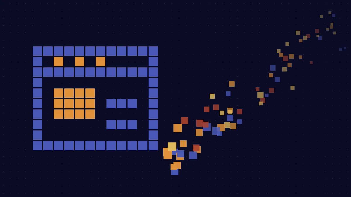 Illustration en pixel art : un entonnoir de pixels colorés qui se resserre vers un bouton d'envoi lumineux
